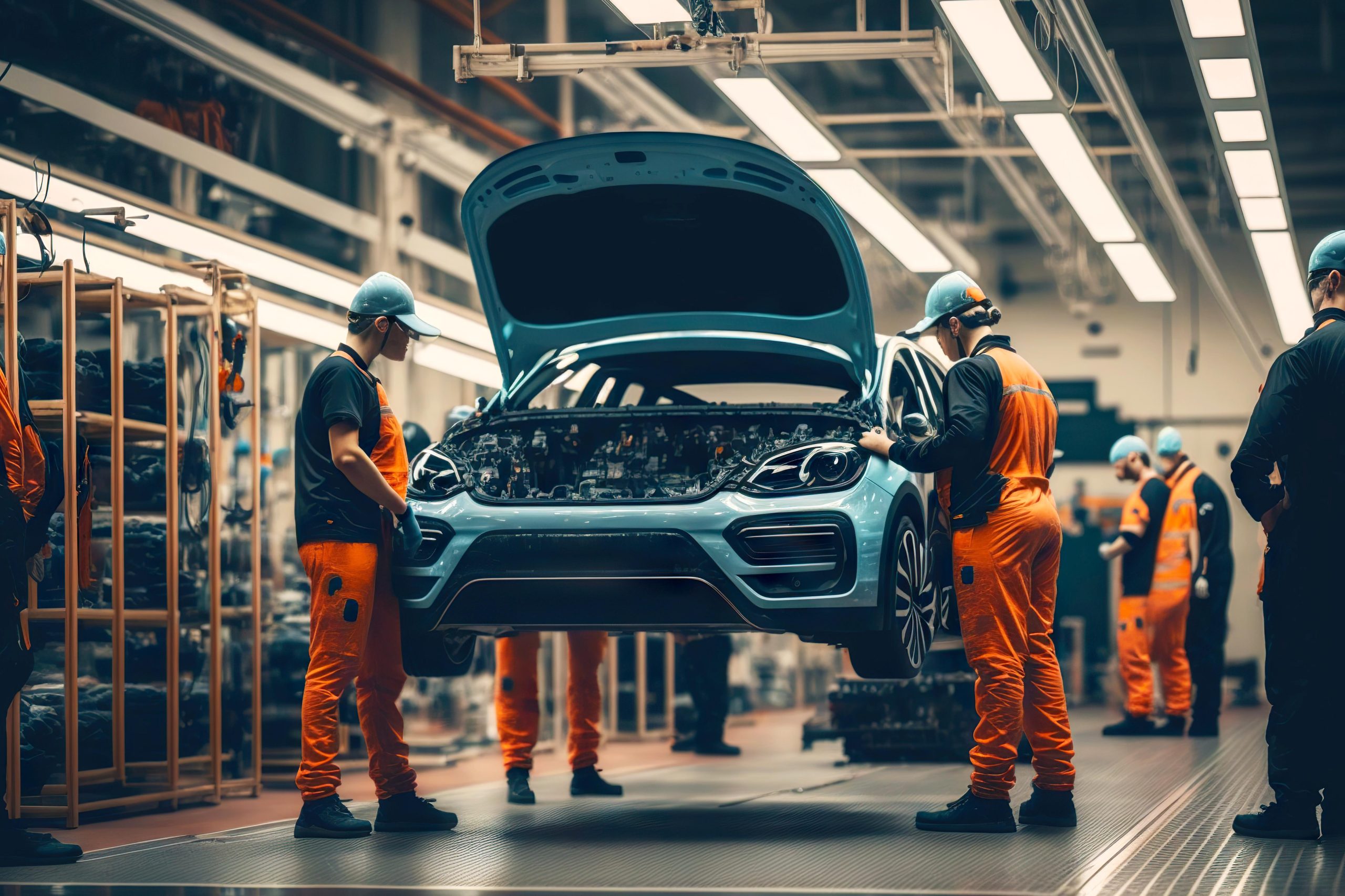 workers of automotive industry assemble new cars in workshop